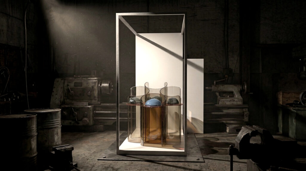 Gastone fotografato in un ambiente industriale con luce radente, struttura espositiva in PMMA trasparente e volumi totemici dalle tonalità fumé e ambrate.