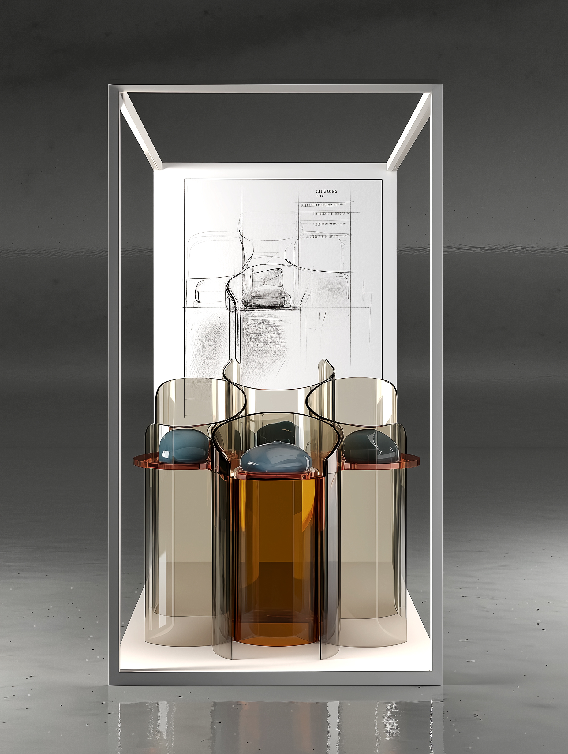 Gastone, installazione espositiva totemica in PMMA trasparente e ambrato, vista frontale dentro una cornice espositiva con disegno di progetto sul fondo.