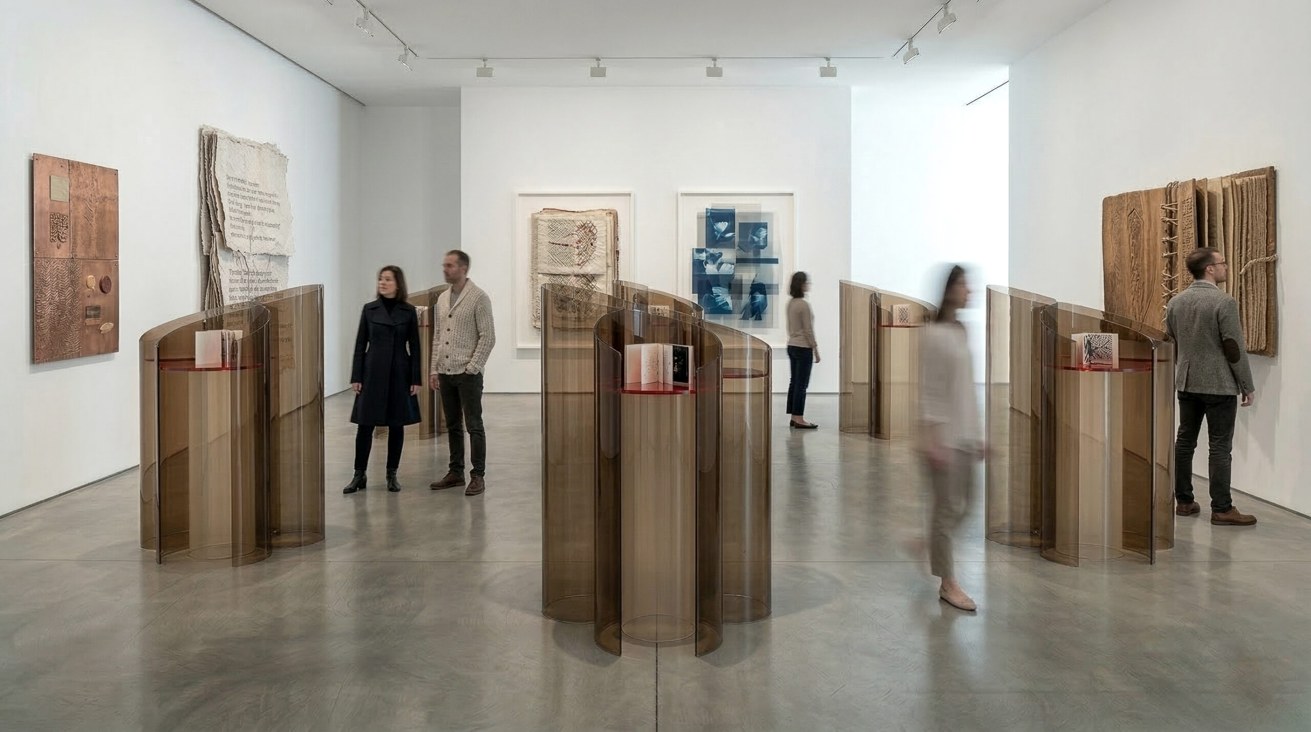 Installazione Gastone in mostra, con visitatori in movimento e opere d’arte alle pareti, realizzata in PMMA trasparente fumé e disposta nello spazio espositivo.