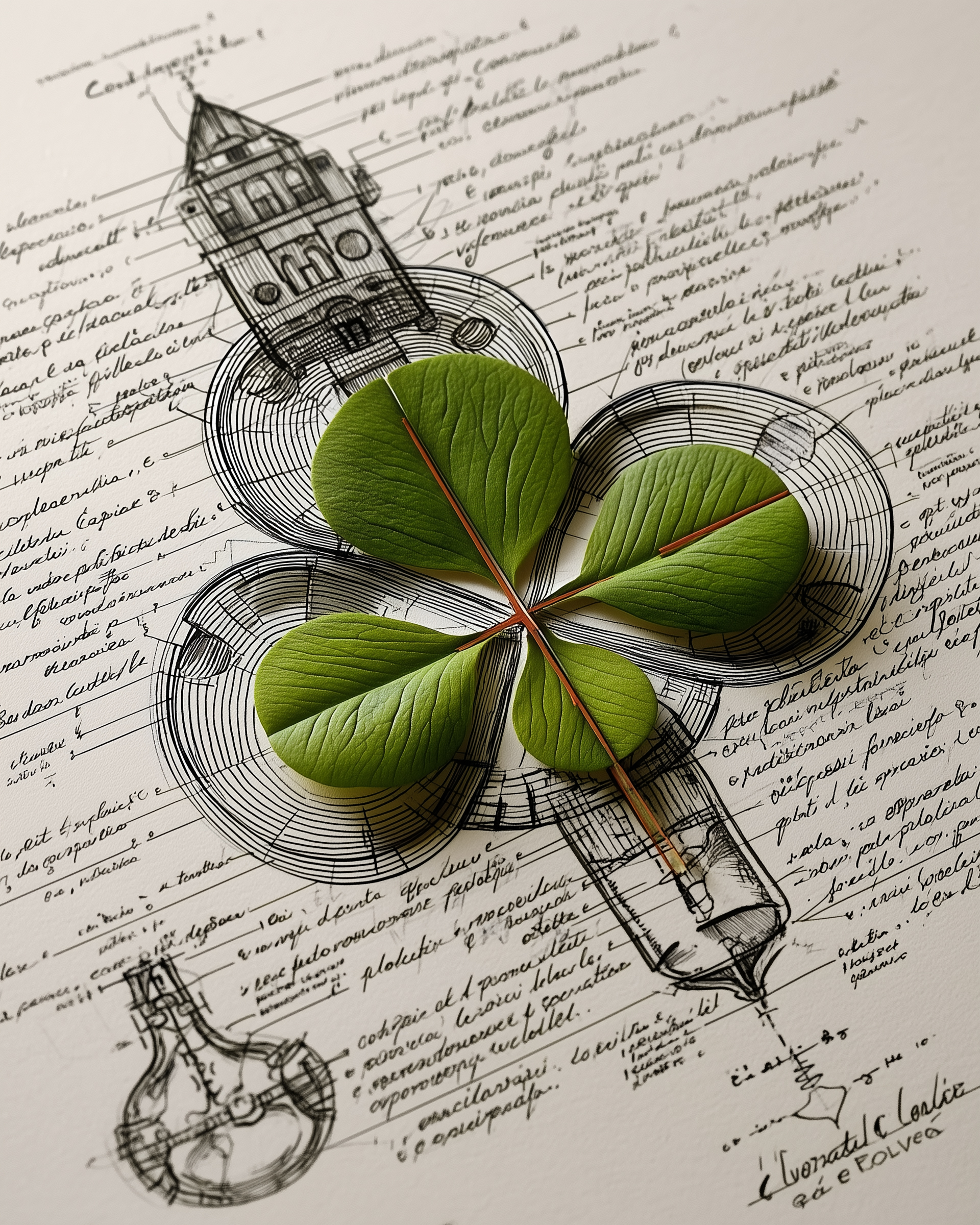 Quadrifoglio appoggiato su foglio di schizzi e annotazioni architettoniche, immagine concettuale che racconta l’origine formale e simbolica del progetto Gastone.