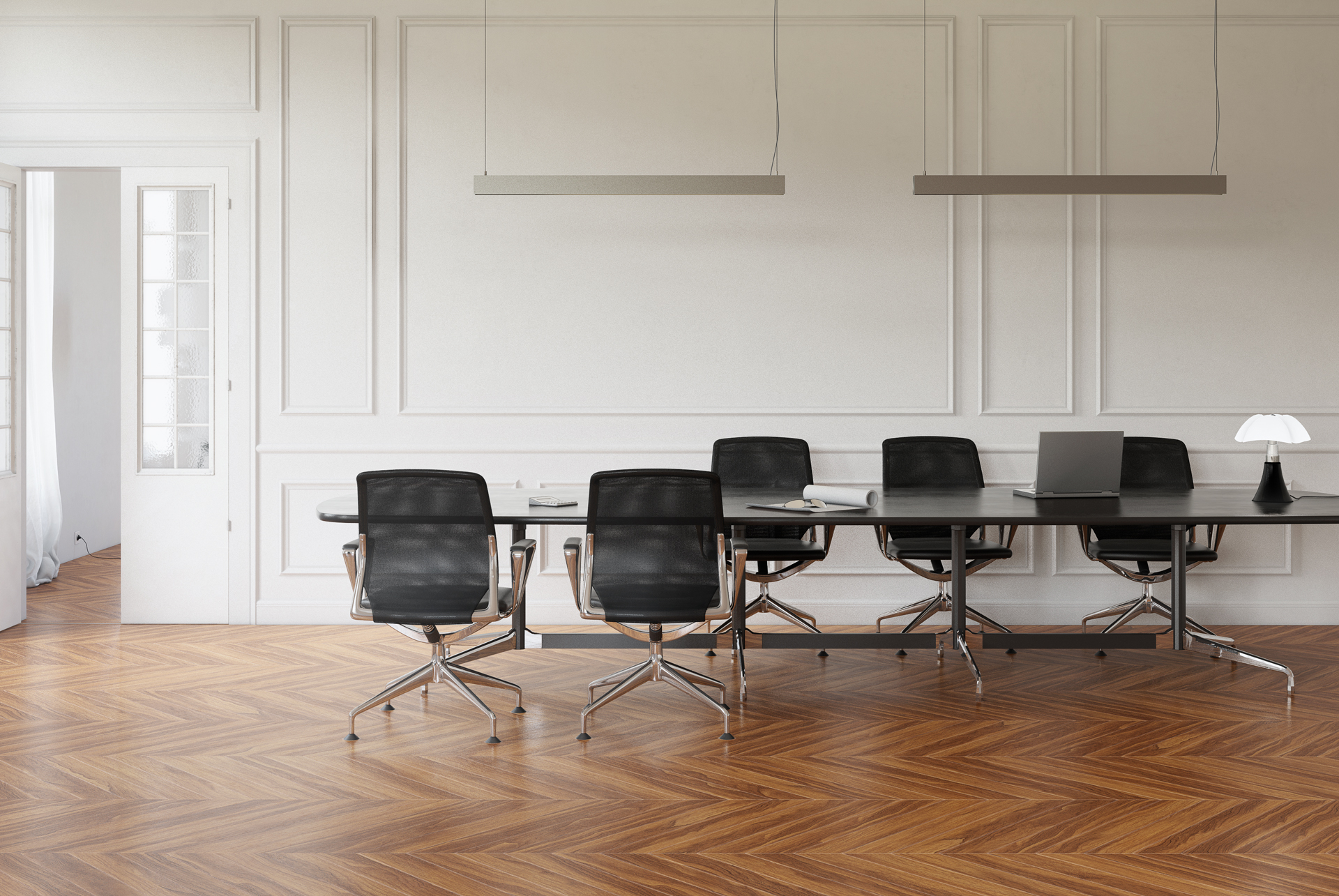 Composizione sospesa in ambiente minimal: Hush diventa elemento architettonico capace di organizzare percettivamente lo spazio.