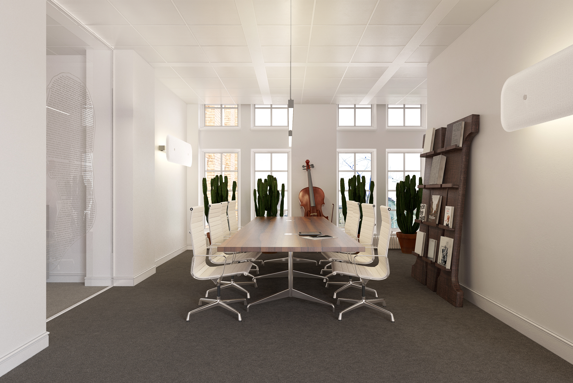 Sala riunioni con tavolo scuro, boiserie chiare e due elementi lineari Hush sospesi.