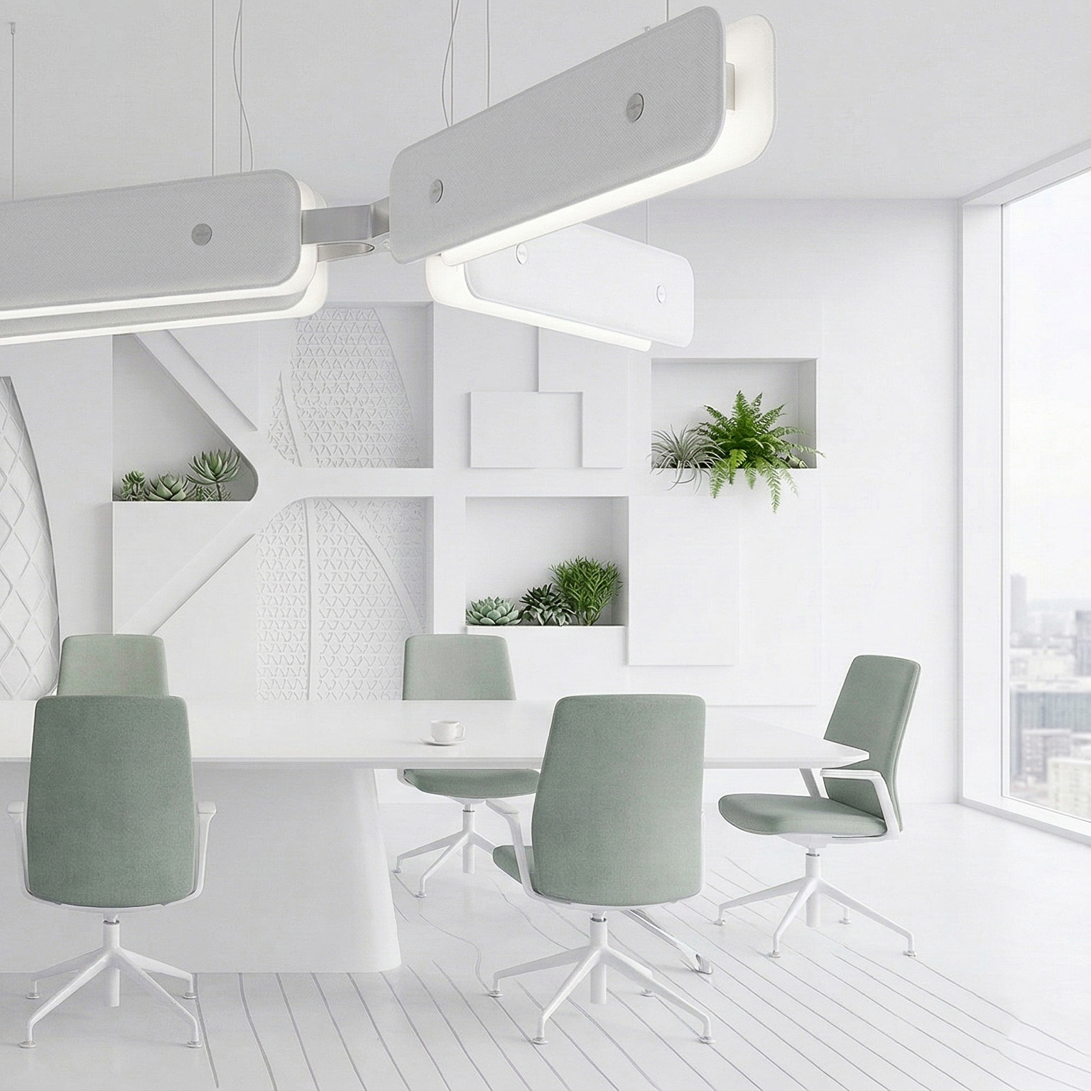 Interno bianco minimal con grande cluster Hush sospeso sopra tavolo e sedute verdi.