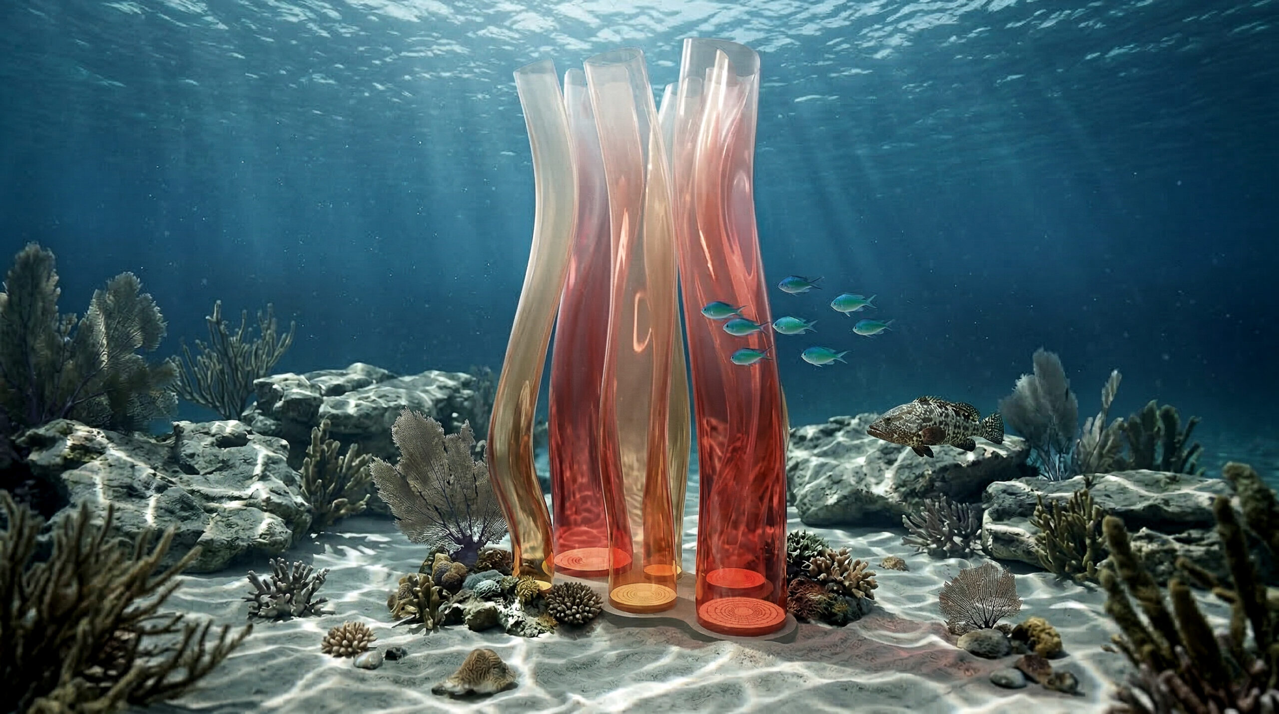 Dettaglio della finitura sfumata ad acqua applicata ai tubi di Oceanida, con effetti di trasparenza e colore ispirati al mare.