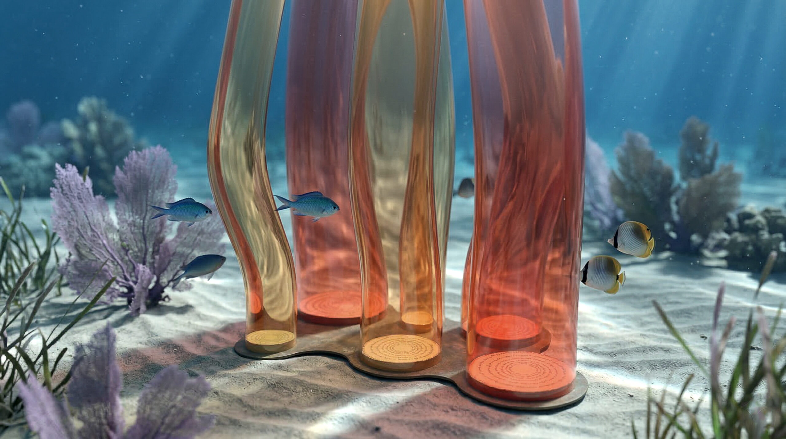 Dettaglio della base di Oceanida con piccoli supporti cilindrici che accolgono i tubi in PMMA deformato.