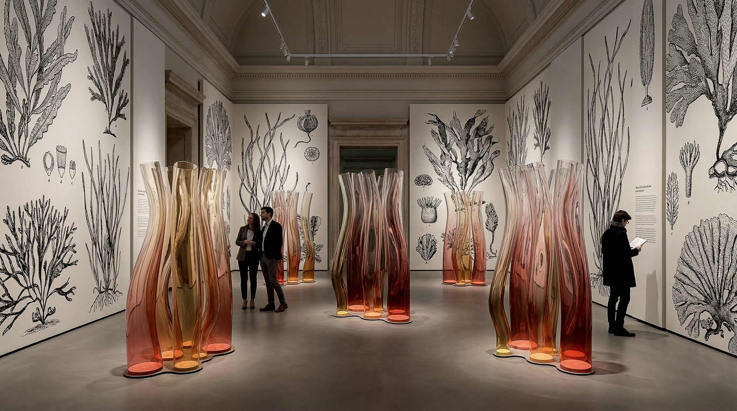 Installazione Oceanida composta da tubi in PMMA trasparente deformati manualmente, con finitura sfumata e assetto verticale ispirato al moto del mare.