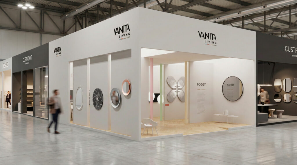 Vista angolare dello stand Vanità Living al Salone del Mobile: volume bianco aperto su due lati, specchi esposti sulle pareti, elementi verticali colorati all’interno, pavimento in legno chiaro e visitatori in movimento.