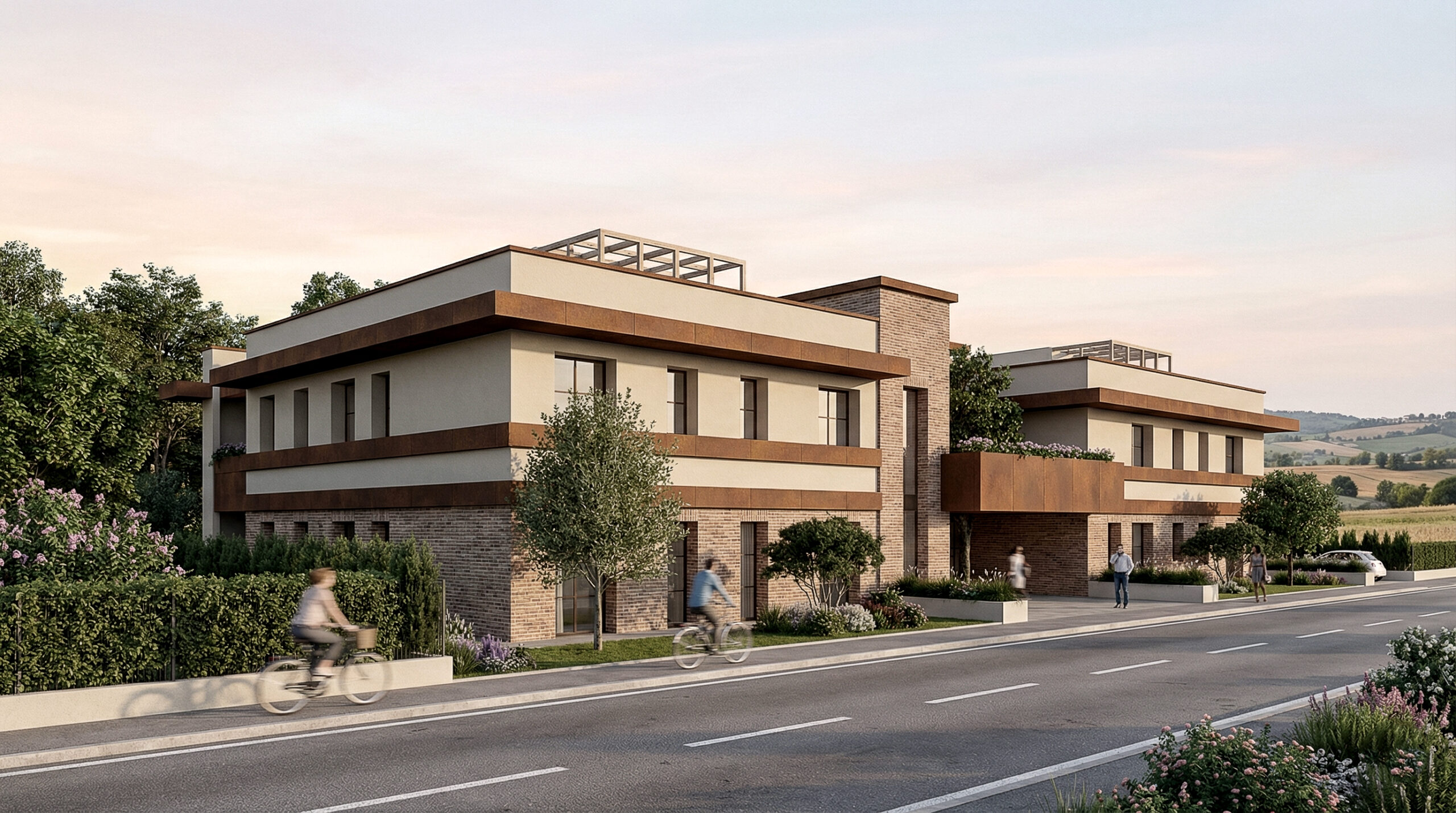 Prospettiva su strada del progetto housing a Verona: facciate orizzontali, marciapiede con ciclisti, giardini di bordo e luce naturale serale.