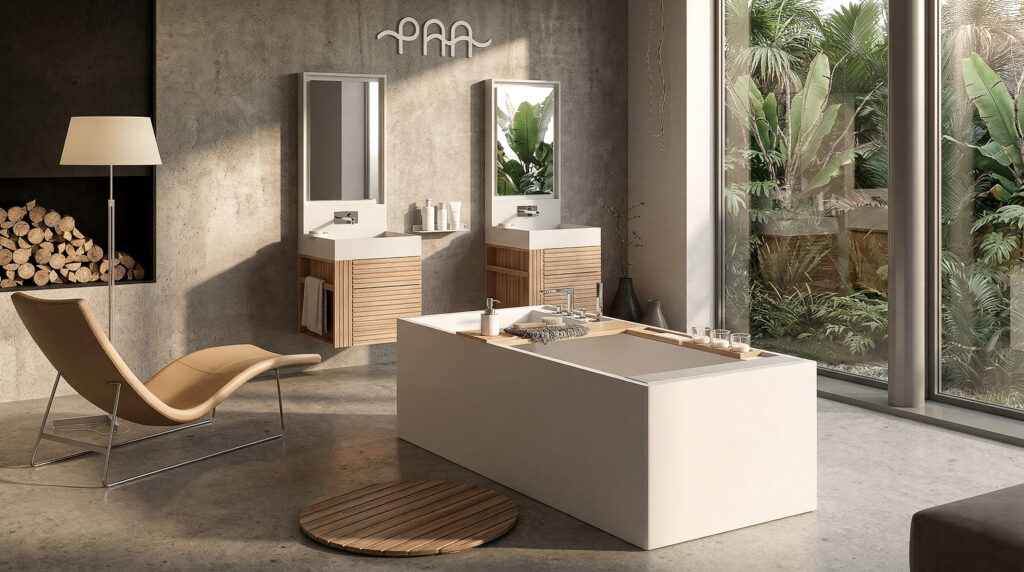 Ambiente bagno contemporaneo con grande specchio rettangolare illuminato, lungo piano sospeso, due lavabi, vasca in primo piano e luce naturale filtrata da tende leggere.