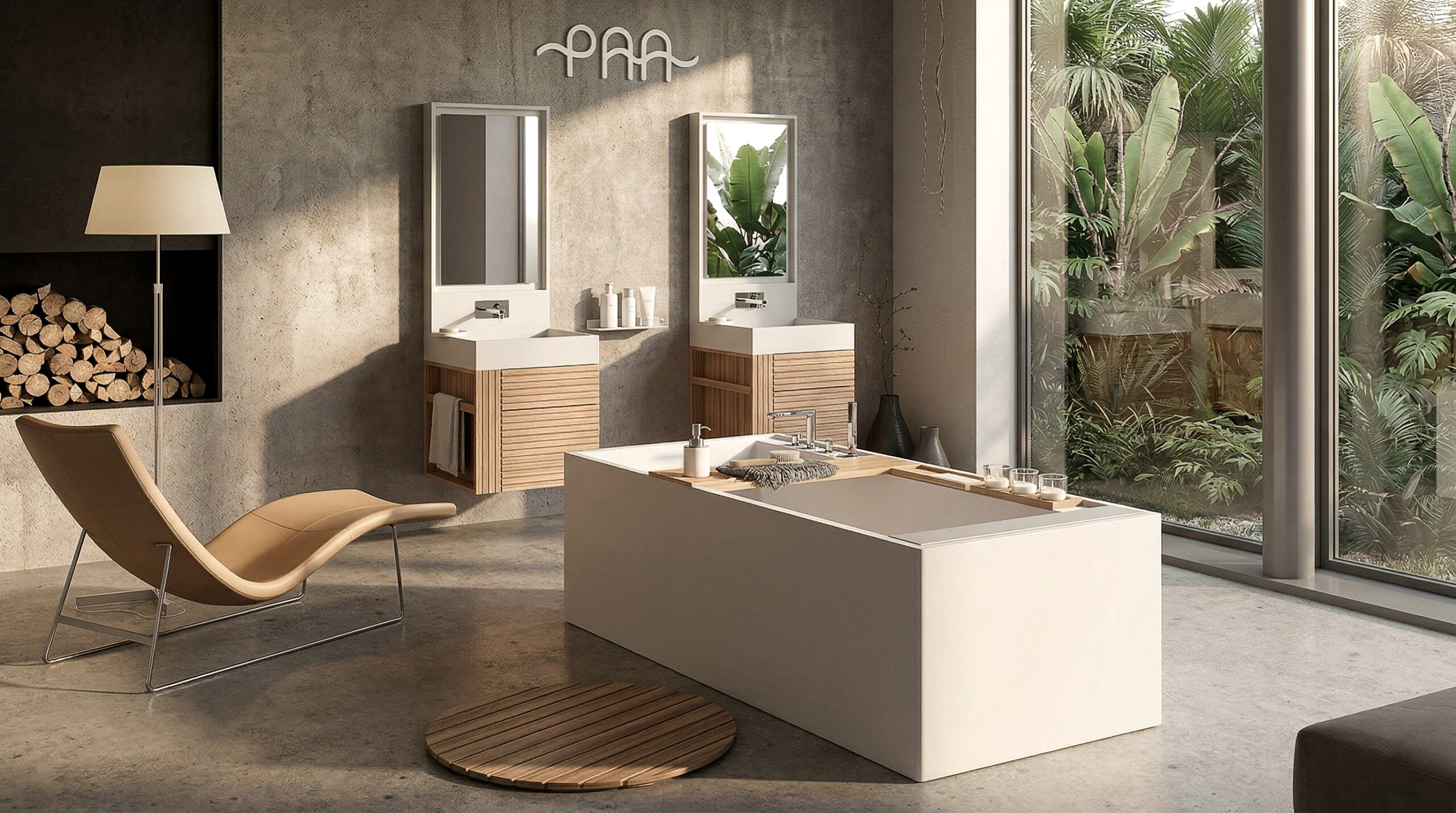Ambiente bagno contemporaneo con grande specchio rettangolare illuminato, lungo piano sospeso, due lavabi, vasca in primo piano e luce naturale filtrata da tende leggere.