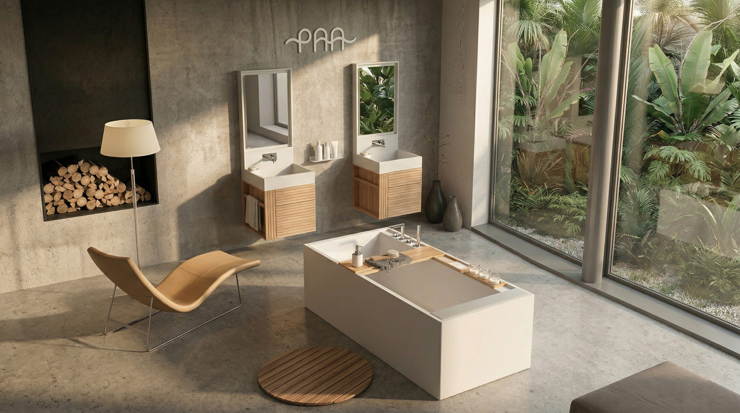 Bagno contemporaneo con grande specchio ovale retroilluminato, due lavabi scuri su piano sospeso, vasca sul fondo e ampia vetrata affacciata su un piccolo giardino.