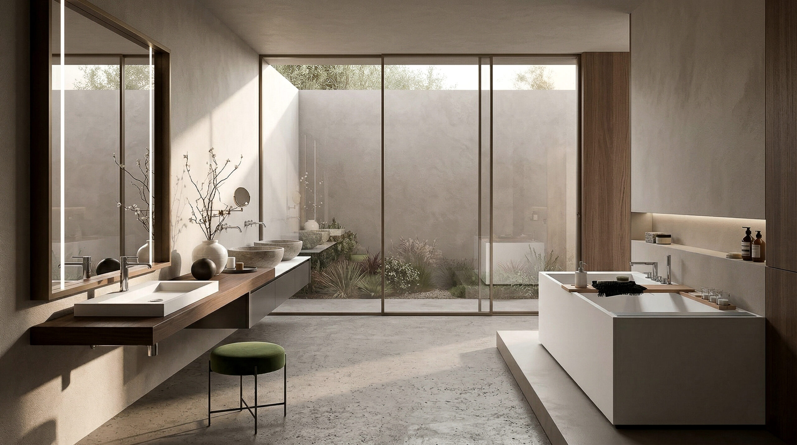 Bagno lineare con grande vetrata sul verde, vasca centrale, mobile lavabo sospeso a sinistra, mensola a destra e sgabello verde su tappeto neutro.