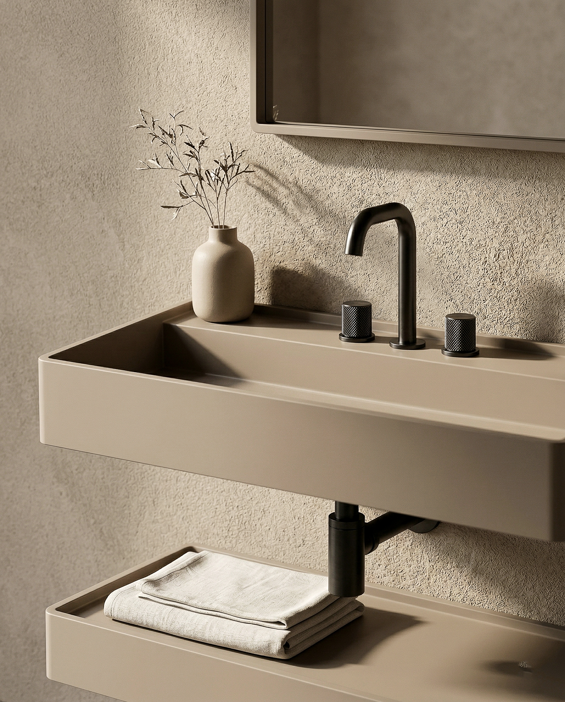 Dettaglio ravvicinato di un lavabo rettangolare sospeso color sabbia con rubinetteria nera, piccolo vaso decorativo e ripiano inferiore con asciugamano piegato.