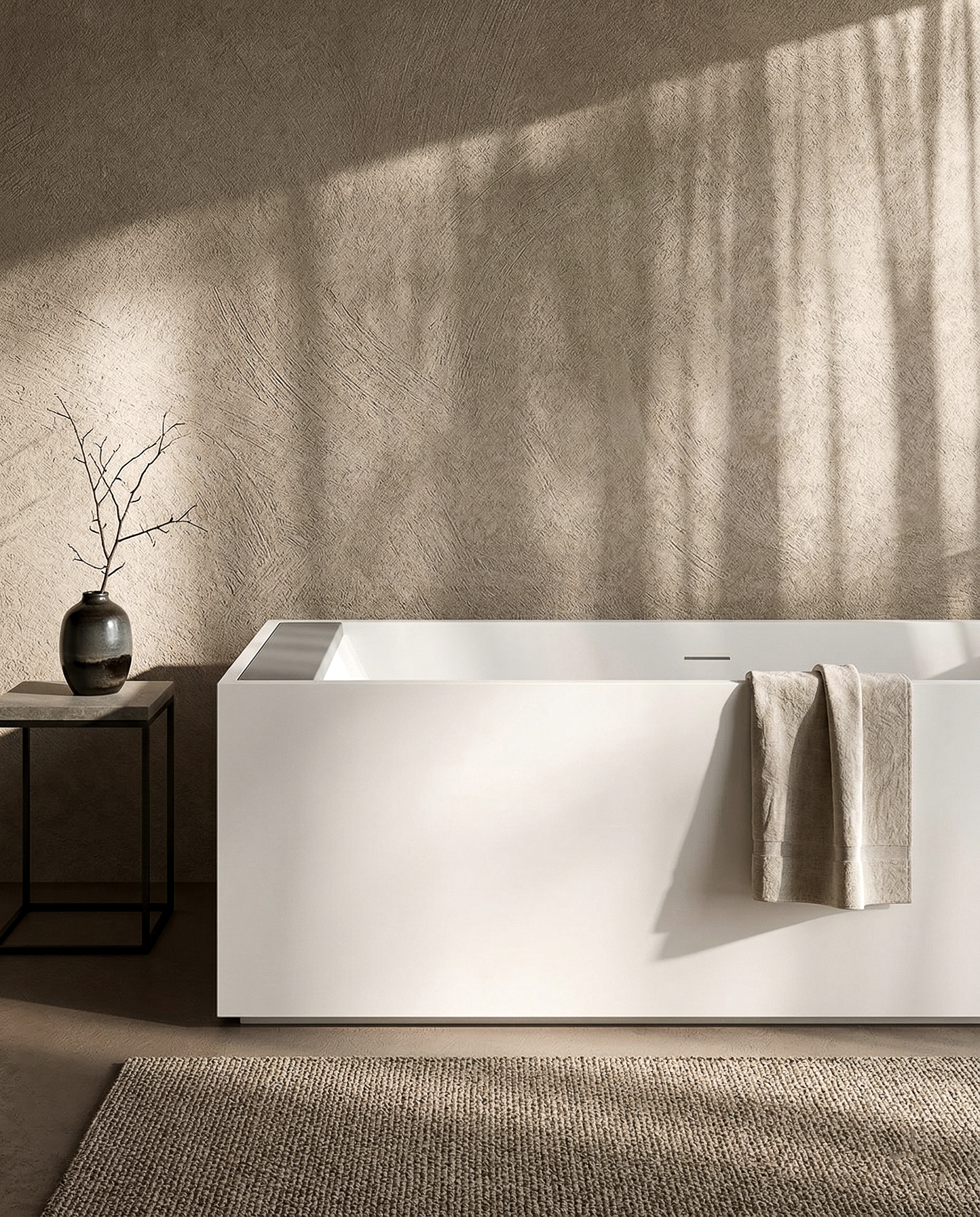 Ampio bagno contemporaneo con vasca rettangolare bianca su pedana, lungo piano lavabo sospeso, grande specchio, vetrata sul cortile e sgabello verde.
