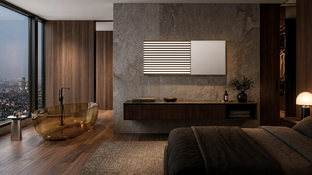 Specchio Metrica rettangolare con lamelle luminose e superficie specchiante installato sopra console in suite di lusso con vasca freestanding e vista notturna urbana.