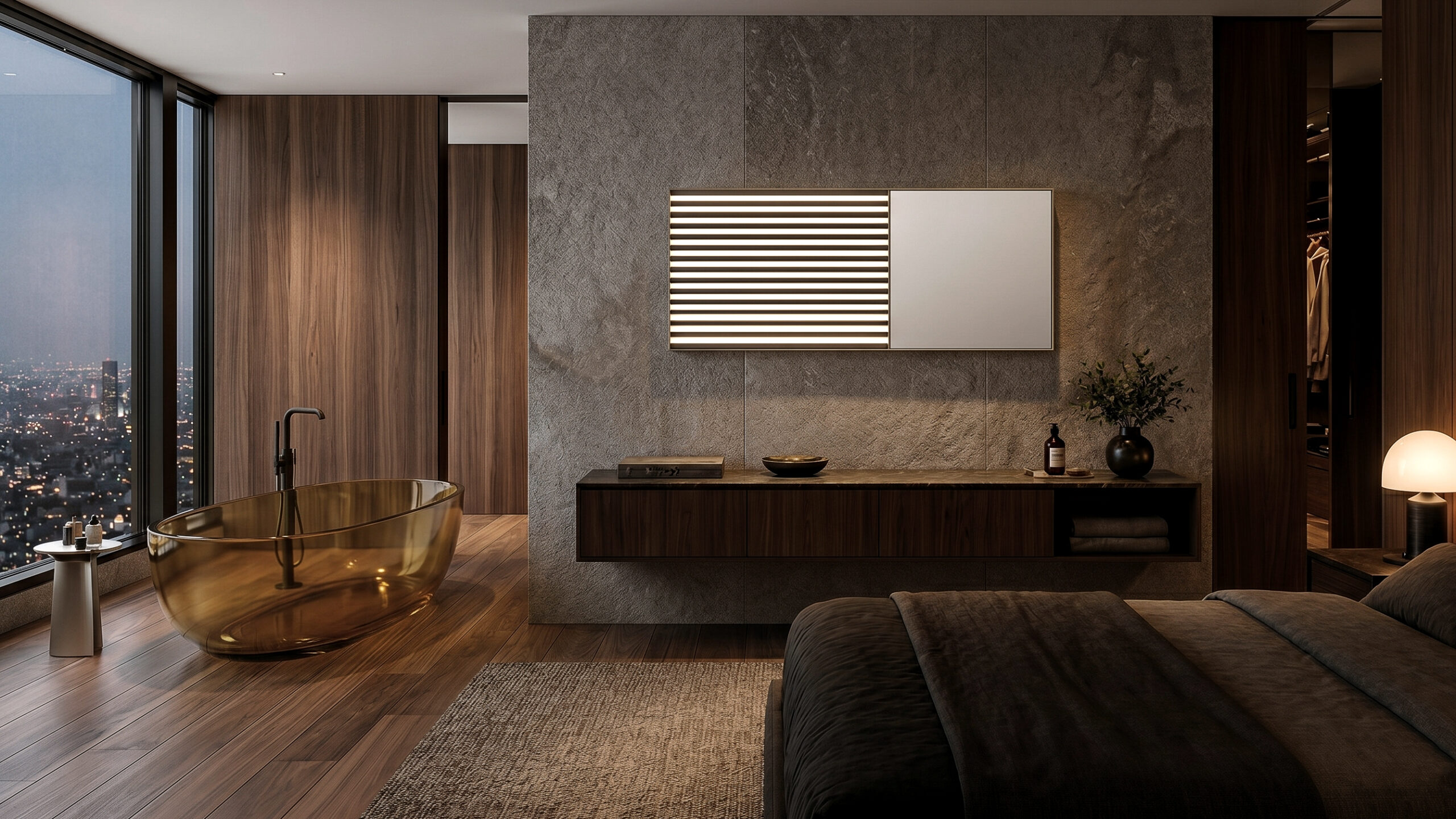 Specchio Metrica rettangolare con lamelle luminose e superficie specchiante installato sopra console in suite di lusso con vasca freestanding e vista notturna urbana.