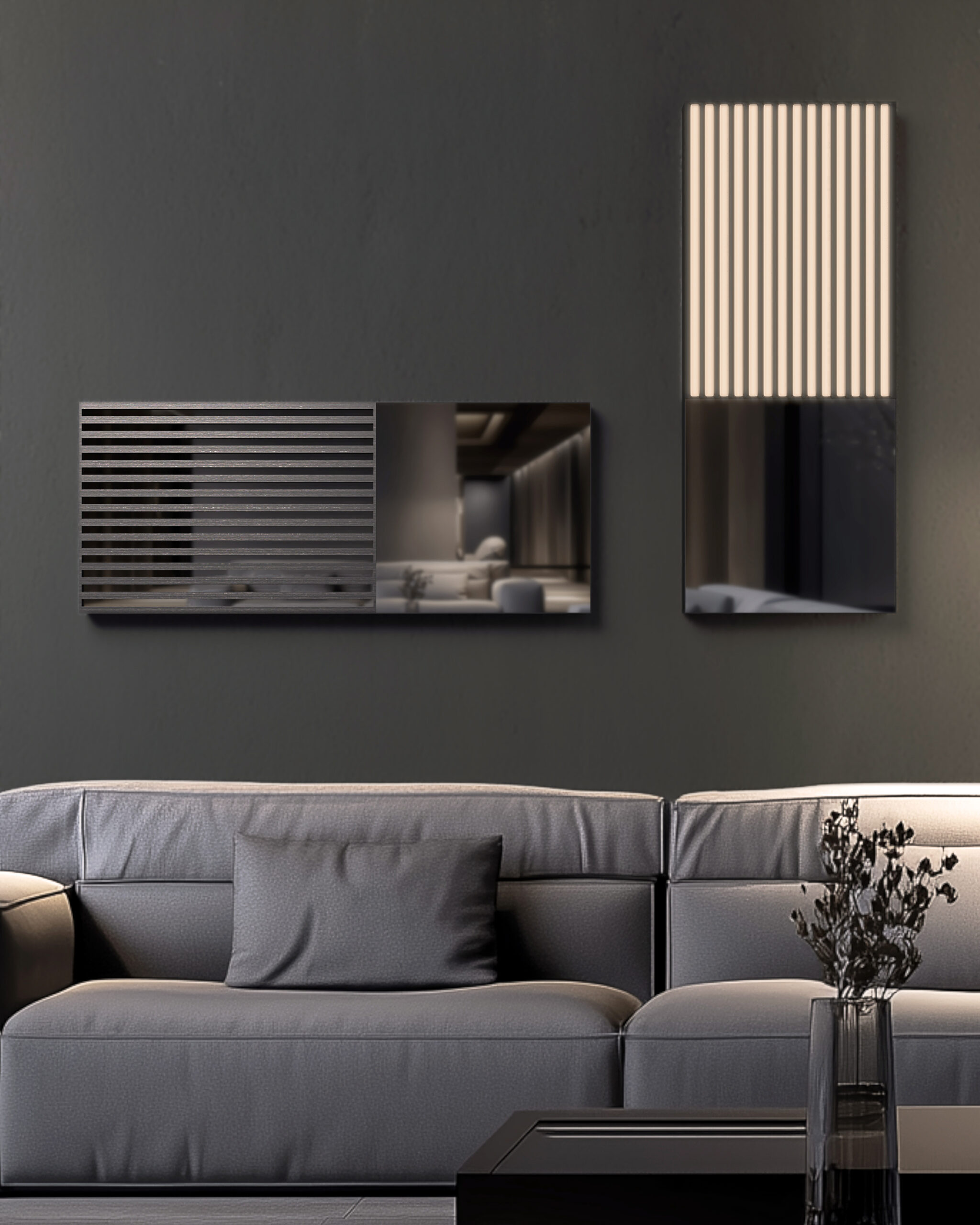 Composizione di specchi Metrica rettangolari in configurazione orizzontale e verticale con lamelle luminose integrate e superfici specchianti in ambiente living moderno.