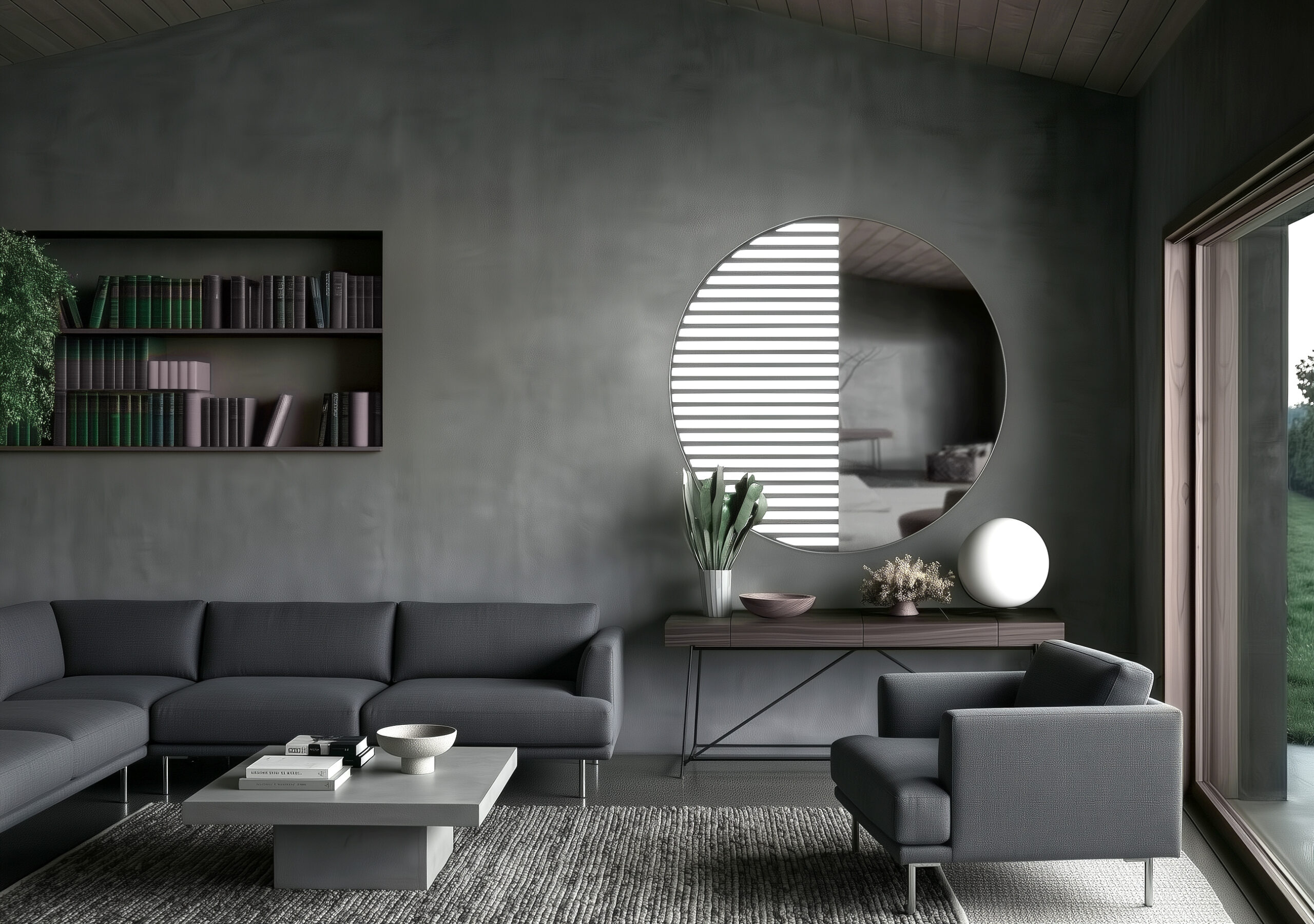 Specchio rotondo Metrica con lamelle luminose integrate e superficie specchiante, installato su parete intonacata con console in legno e oggetti decorativi.