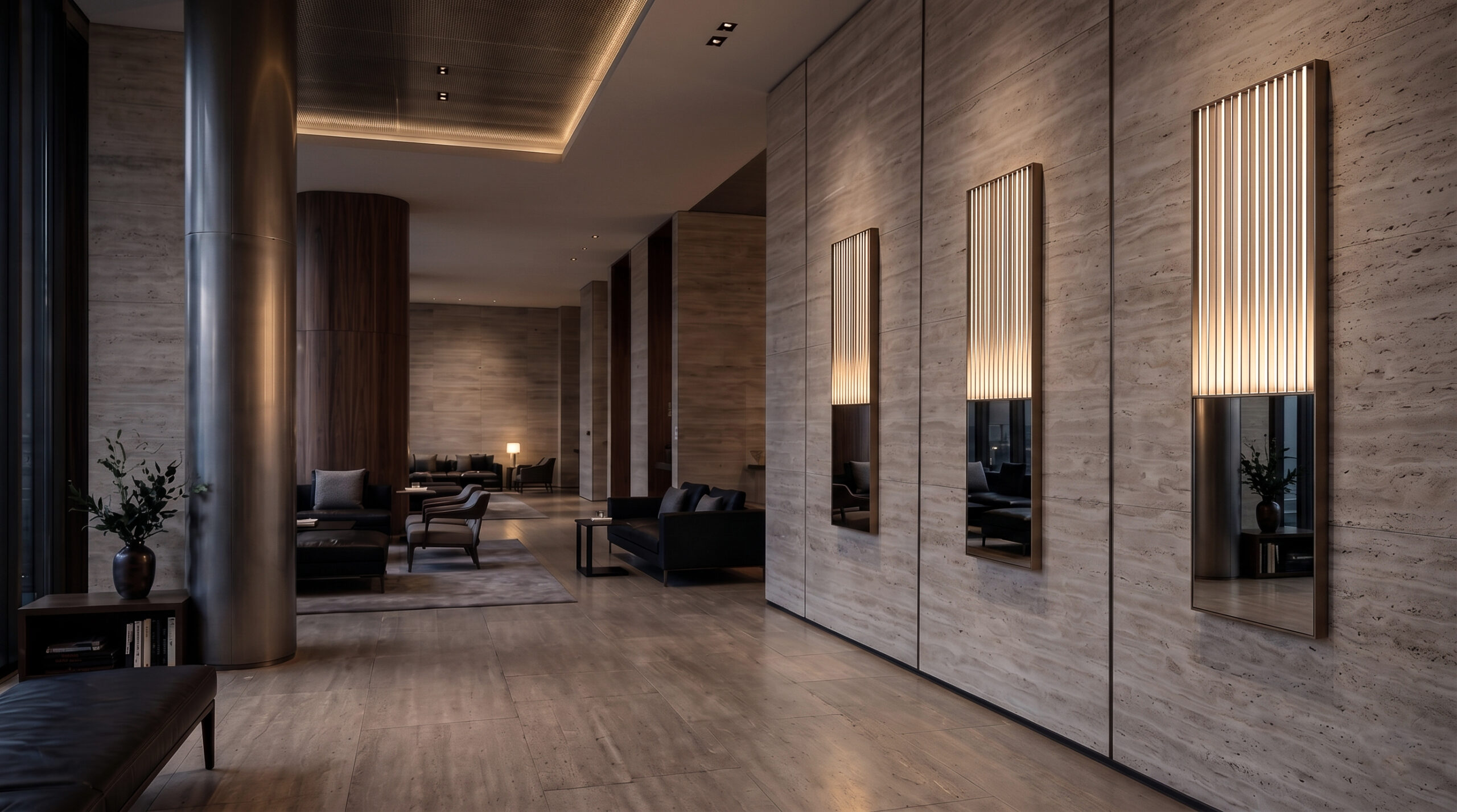 Serie di specchi rettangolari Metrica installati su parete in ambiente lounge contemporaneo, con lamelle luminose verticali e superfici riflettenti che scandiscono lo spazio.