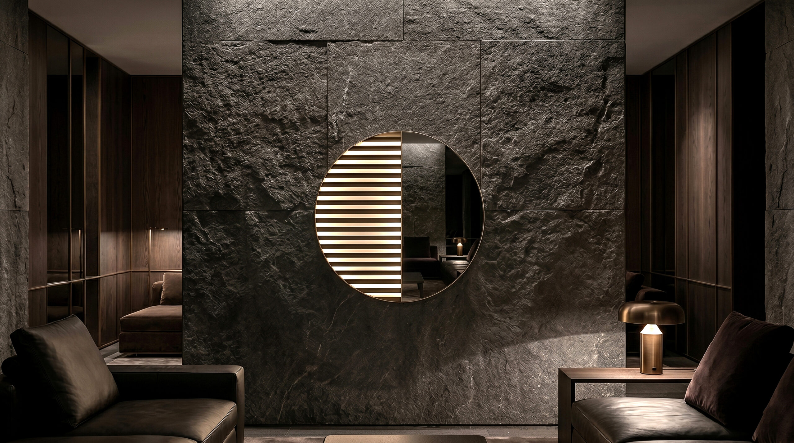 Specchio rotondo Metrica con lamelle luminose integrate e superficie riflettente, installato su parete in pietra scura texturizzata in ambiente lounge di lusso.