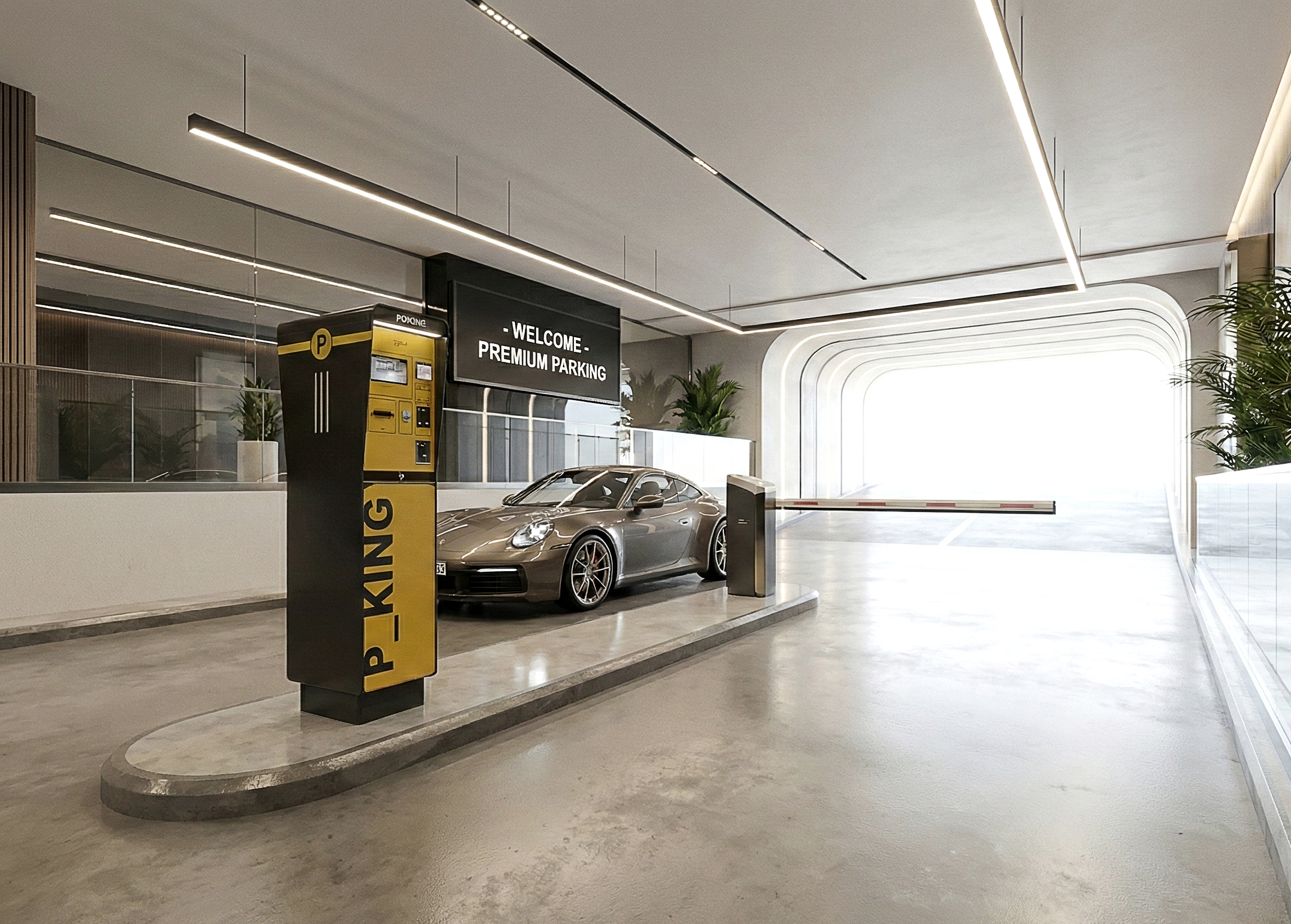 P_KING installato in un parcheggio coperto di alta gamma, con auto sportiva, sbarra automatica, illuminazione lineare e grande insegna luminosa sullo sfondo.