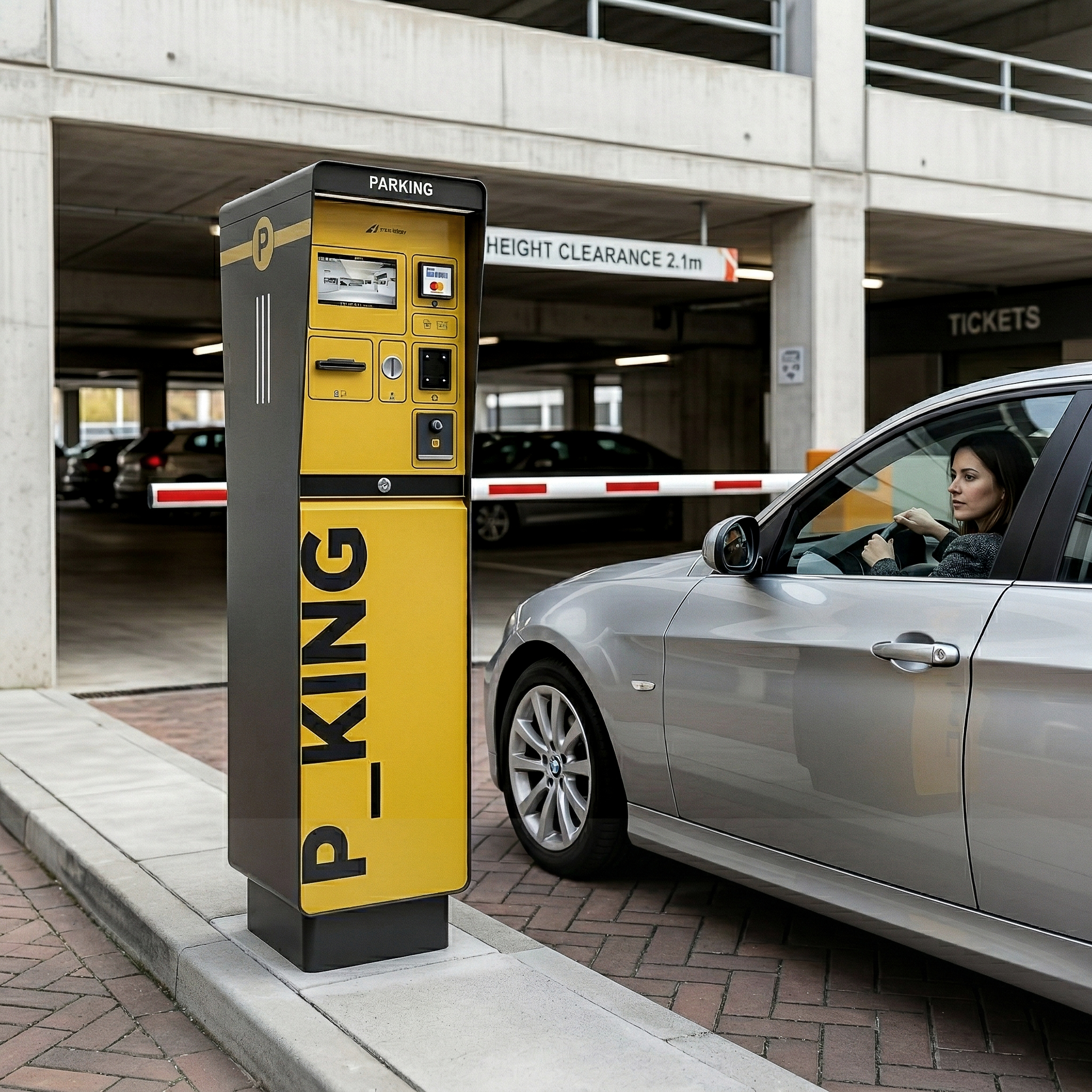 P_KING installato all’ingresso di un parcheggio accanto a un’automobile e a una sbarra di accesso, con struttura verticale scura e segno grafico identificativo ben visibile.
