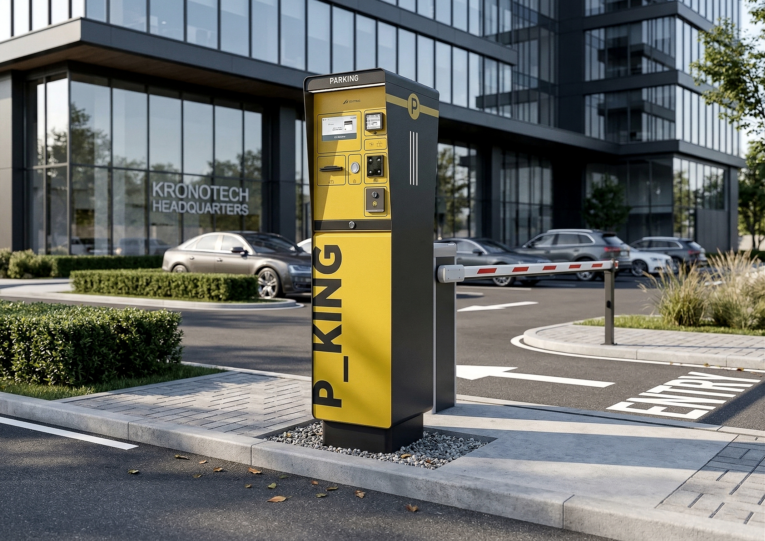 P_KING installato presso l’ingresso carrabile di un parcheggio aziendale, con sbarra, pavimentazione curata, verde di bordo e facciata vetrata di edificio per uffici sullo sfondo.