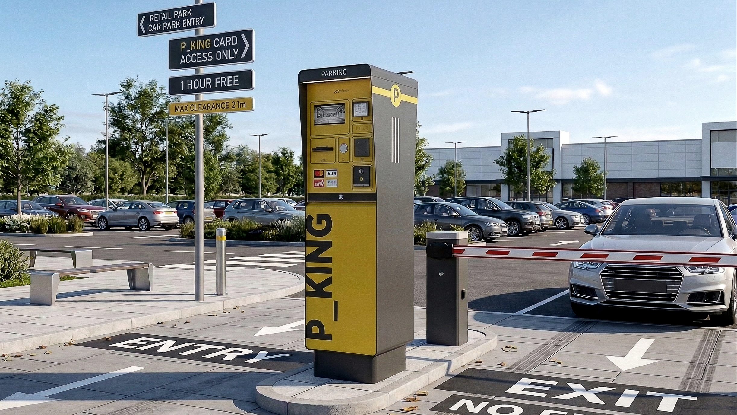 Colonnina P_KING per il controllo accessi installata all’ingresso di un parcheggio all’aperto, con sbarra, automobile, segnaletica verticale e area commerciale sullo sfondo.