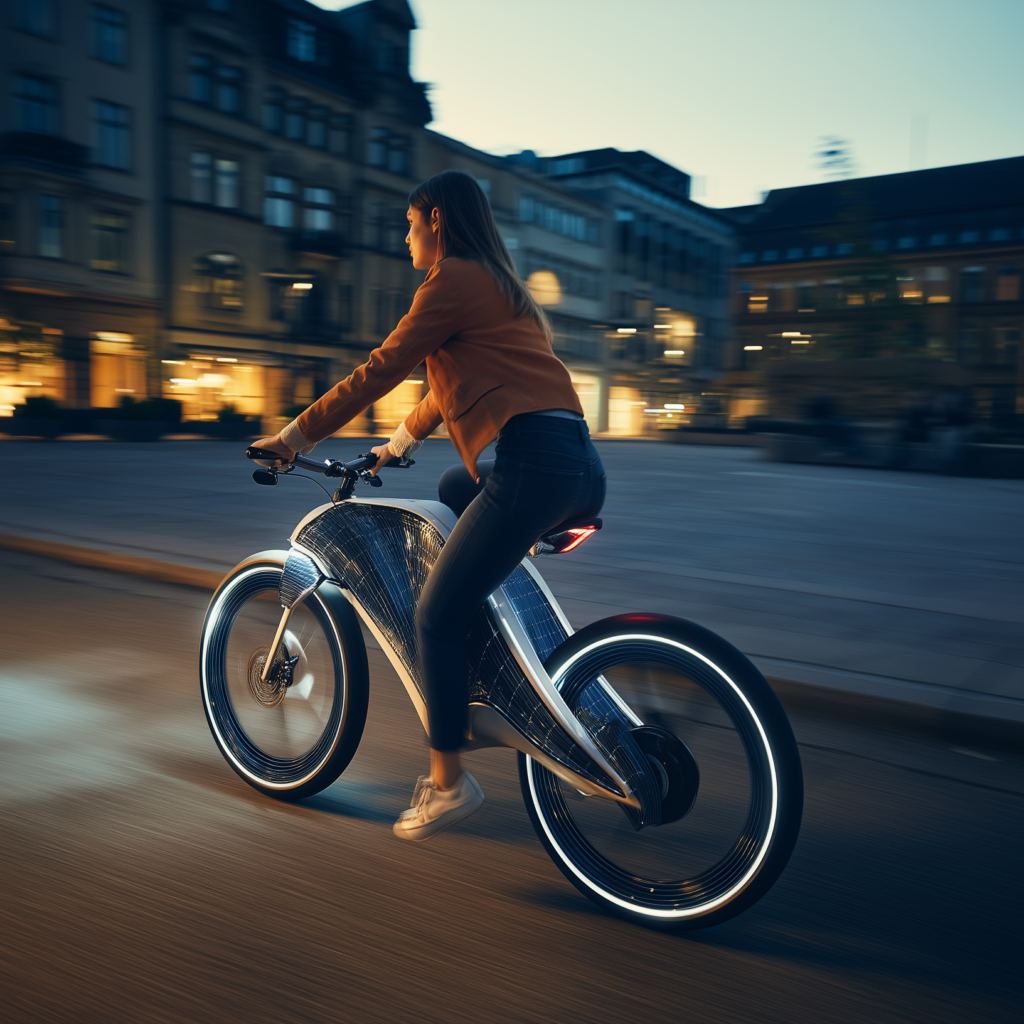 Persona in bicicletta su un mezzo futuribile illuminato, in movimento in una piazza urbana al crepuscolo.
