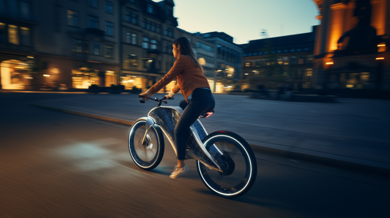 Persona in bicicletta su un mezzo futuribile illuminato, in movimento in una piazza urbana al crepuscolo.
