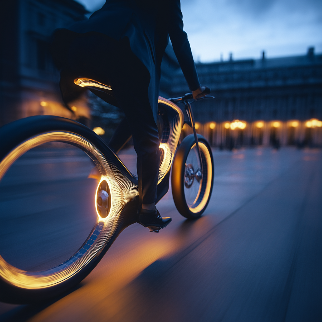 Dettaglio ravvicinato del telaio di una bicicletta futuristica con superfici tecnologiche integrate.