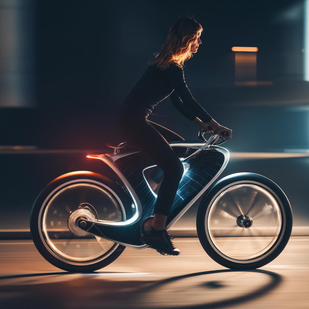 Uomo su bicicletta elettrica futuristica con pannelli integrati nella struttura, vista laterale in ambiente urbano notturno.