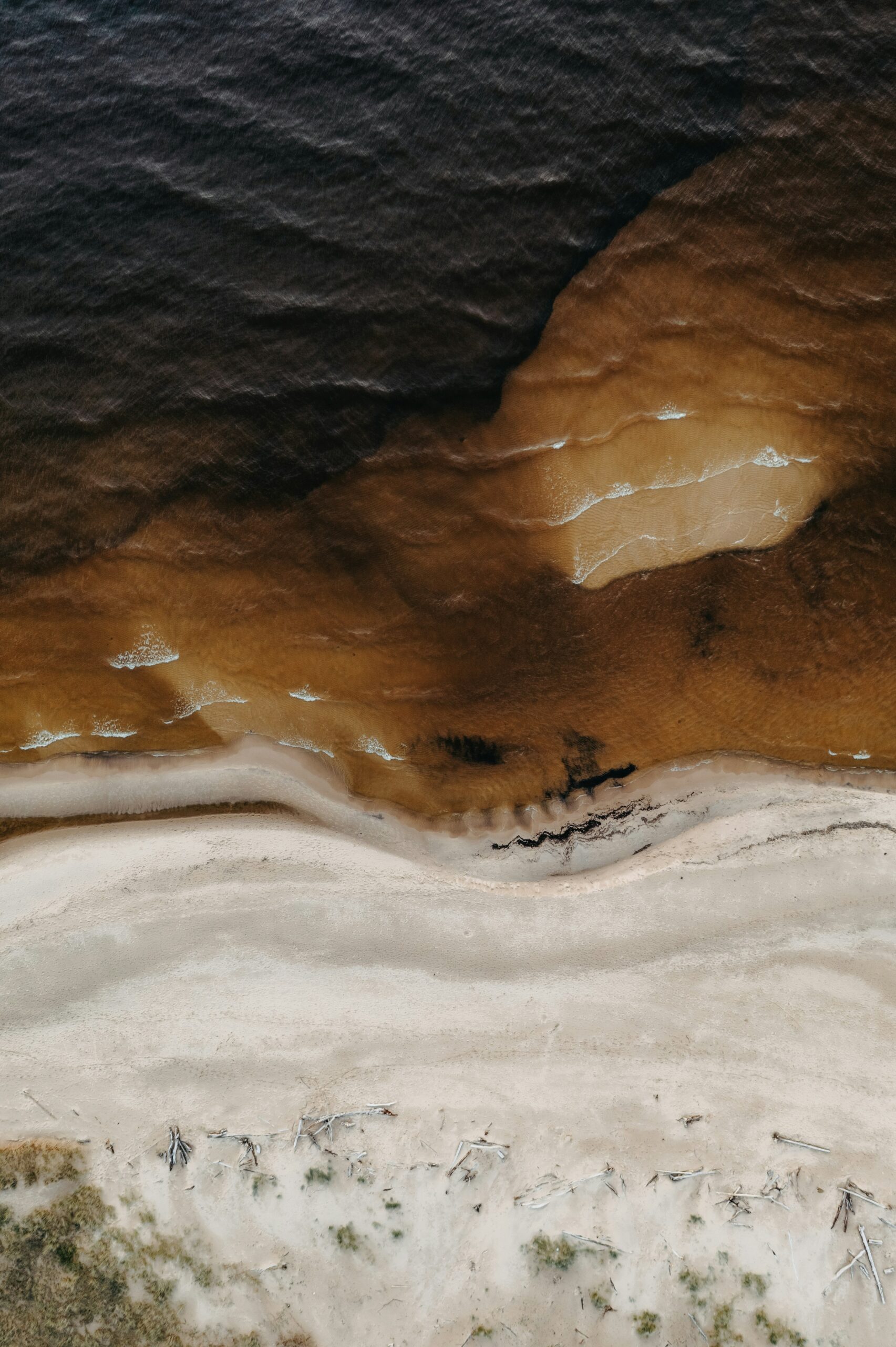 Veduta aerea verticale di una costa con acqua scura, sabbia chiara e linee naturali di deposito lungo il margine.