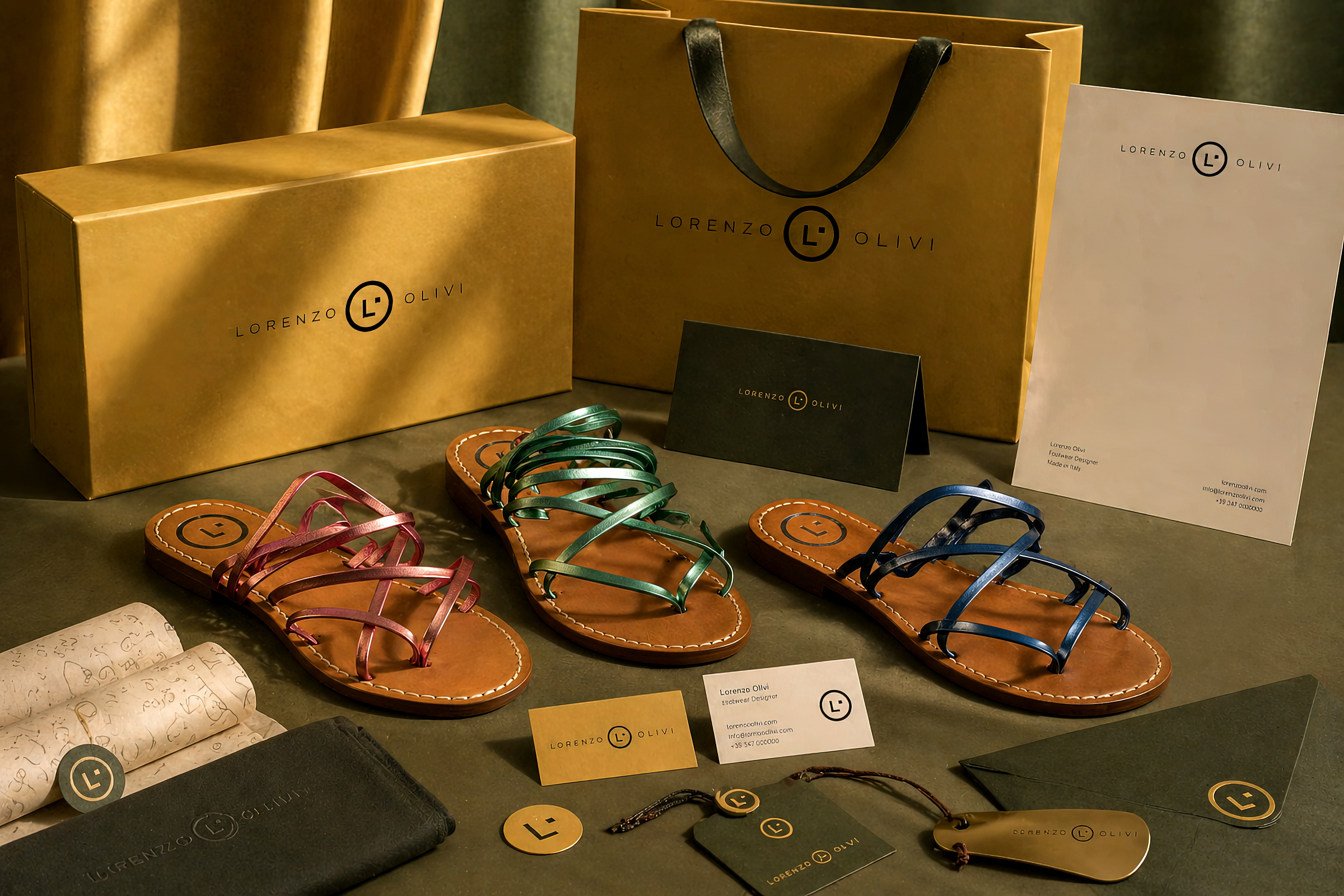 Branding Lorenzo Olivi con sandali, scatola, shopper e materiali coordinati