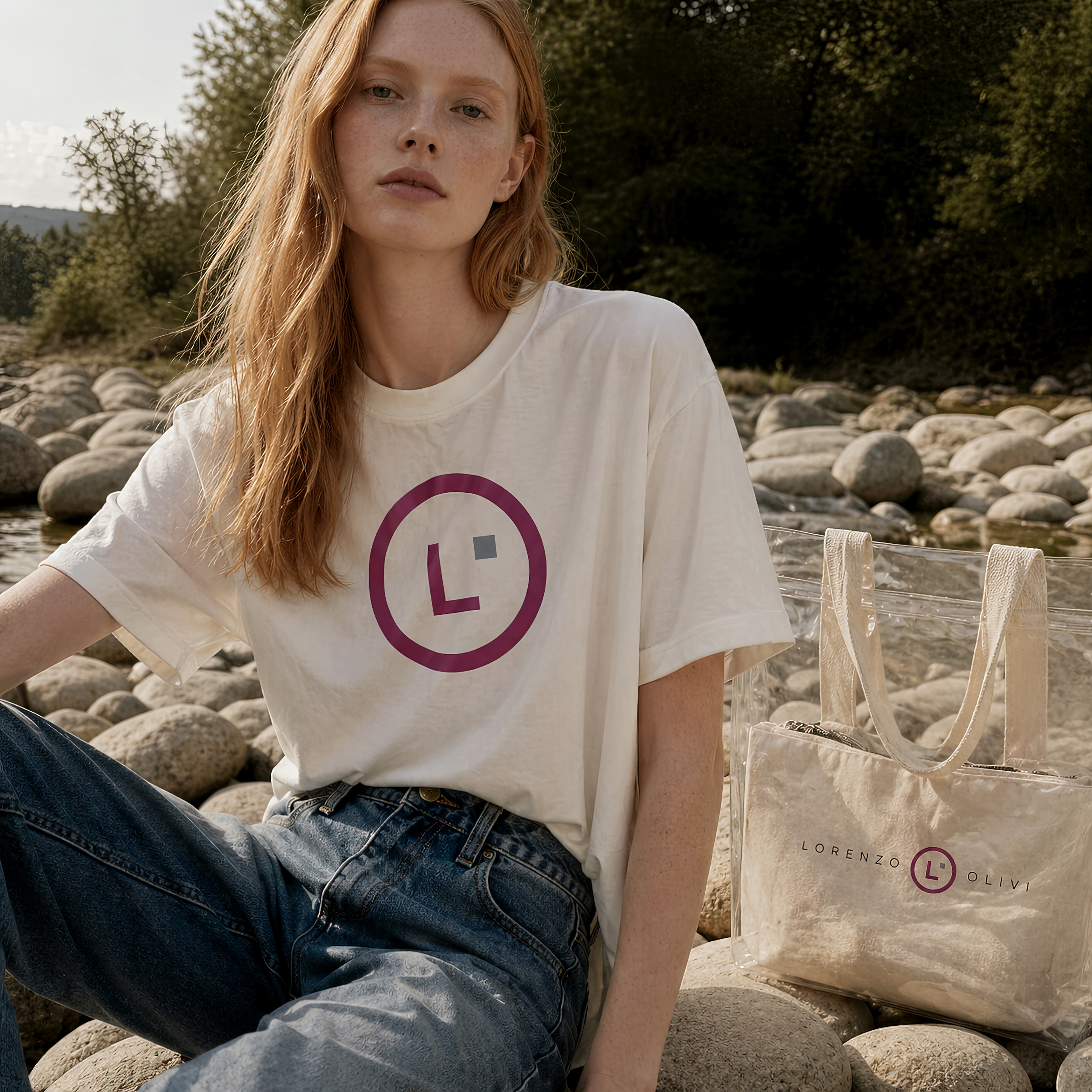 Modella con t-shirt Lorenzo Olivi e shopper trasparente in ambiente naturale